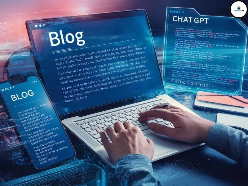 एक व्यक्ति लैपटॉप और मोबाइल पर ब्लॉग लिख रहा है, जहाँ ChatGPT और AI टूल्स की स्क्रीन दिख रही है।