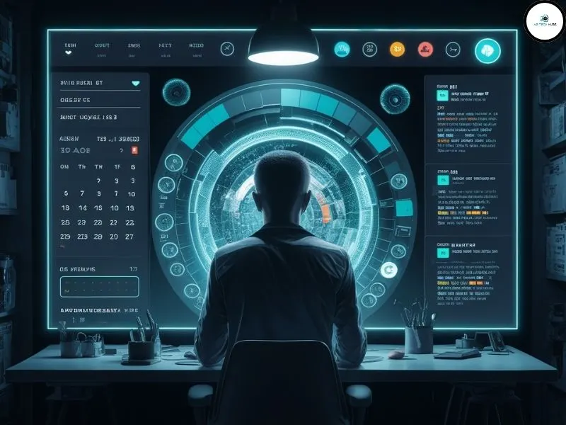 एक आदमी कंप्यूटर स्क्रीन के सामने बैठा है, जहाँ AI और टेक्नोलॉजी के डिजिटल ग्राफ दिख रहे हैं।