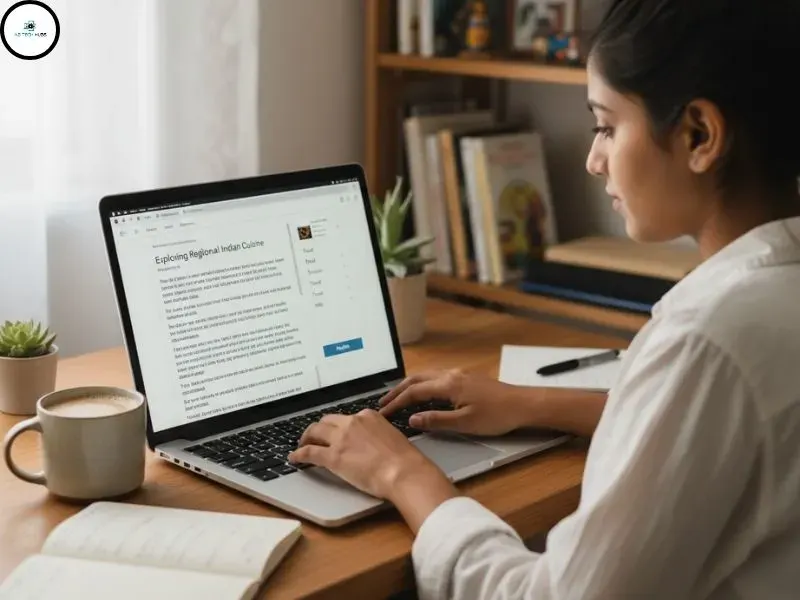 Laptop with blog editor open, Indian blogger typing, casual desk setup