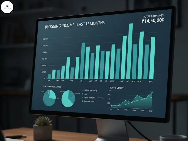 Blogging income chart, Indian currency, computer screen, realistic style