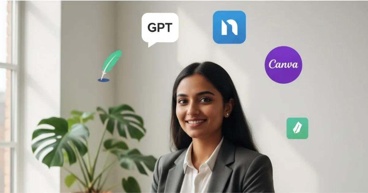 एक युवा भारतीय प्रोफेशनल अपने लैपटॉप पर काम करते हुए, आसपास ChatGPT, Canva, Grammarly और Notion AI जैसे टूल्स के आइकॉन दिख रहे हैं। टेक्स्ट लिखा है “Top 7 Free AI Tools 2025”