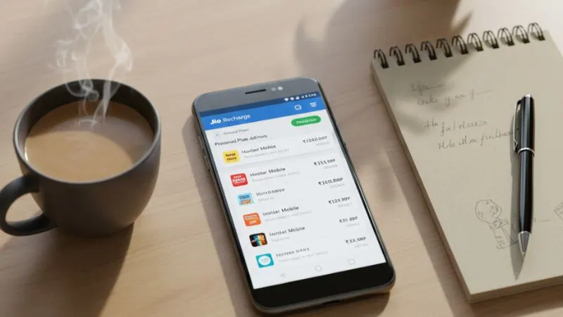 Smartphone showing Jio recharge page with Hotstar Jio Plans 2025, highlighting prepaid and postpaid offers