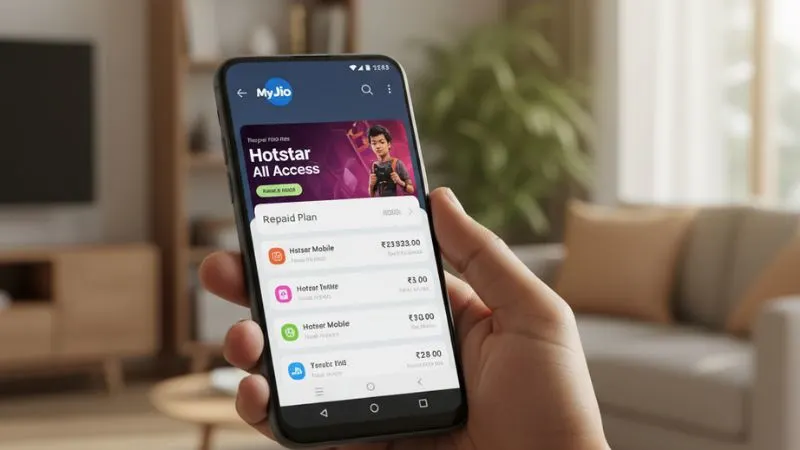 Indian hand holding smartphone with MyJio app open, accessing Hotstar Jio Plans