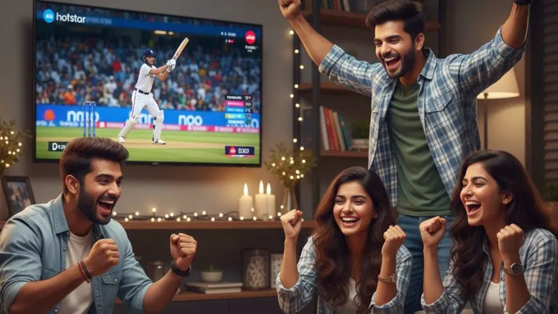 Friends cheering while watching live cricket on Hotstar via Jio network, enjoying HD streaming at home