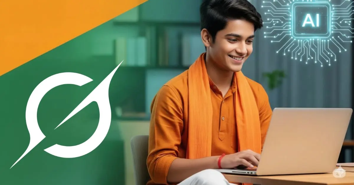 Indian student using Grok AI on laptop with tech background