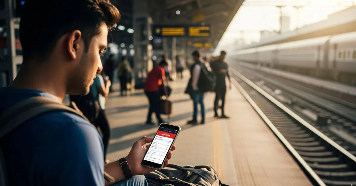 Indian man railway station par Rail One App se train check karta hua