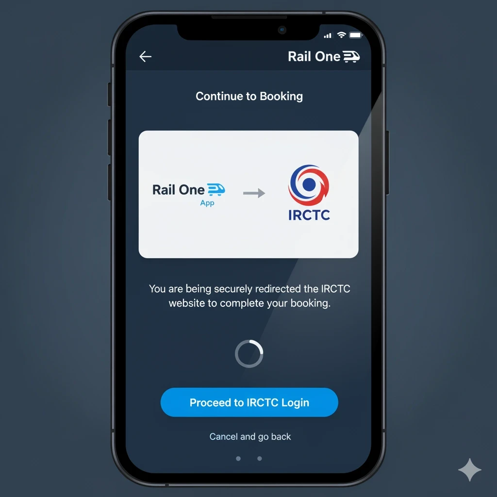 Rail One App se IRCTC login page par ticket booking redirect screen