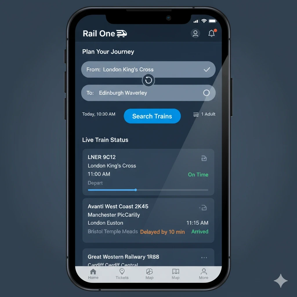 Rail One App home page mein train search aur live status dikhata hua