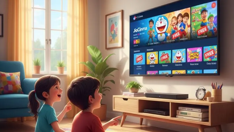 बच्चे Smart TV पर JioCinema App से Doraemon और Motu Patlu जैसे कार्टून देखते हुए