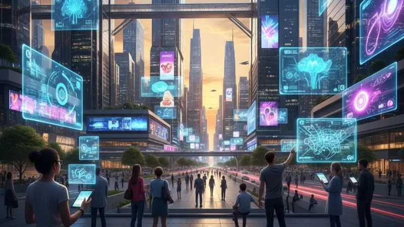 Futuristic city with AI-powered holograms and people interacting naturally with smart devices.
