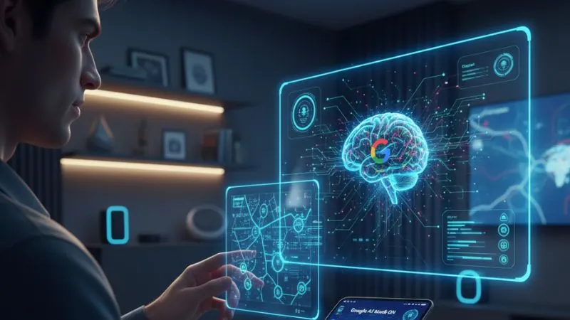 Person using Google AI Mode on phone at home with smart devices and holographic AI elements.
