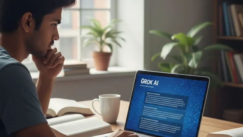 Indian student laptop पर Grok AI का Think Mode इस्तेमाल करते हुए