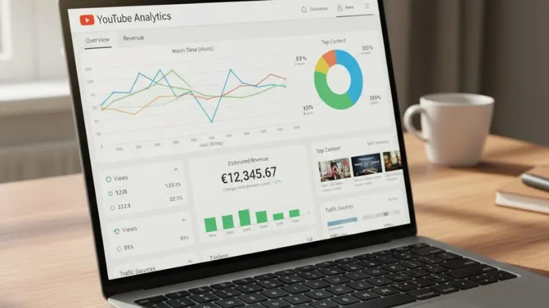Laptop screen displaying YouTube analytics dashboard with earnings and performance graphs for content creators