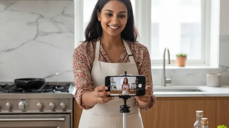 Indian woman vlogger recording a cooking video in modern kitchen using smartphone on tripod