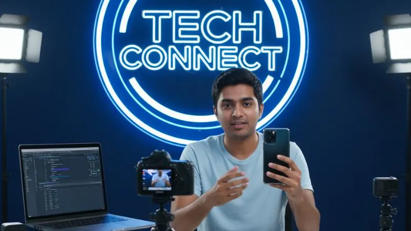 Indian tech YouTuber reviewing latest smartphone with sponsorship logo in background in a bright studio setup
