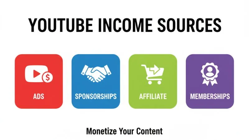Infographic showing YouTube income sources including Ads, Sponsorships, Affiliate Marketing, and Memberships with colorful icons