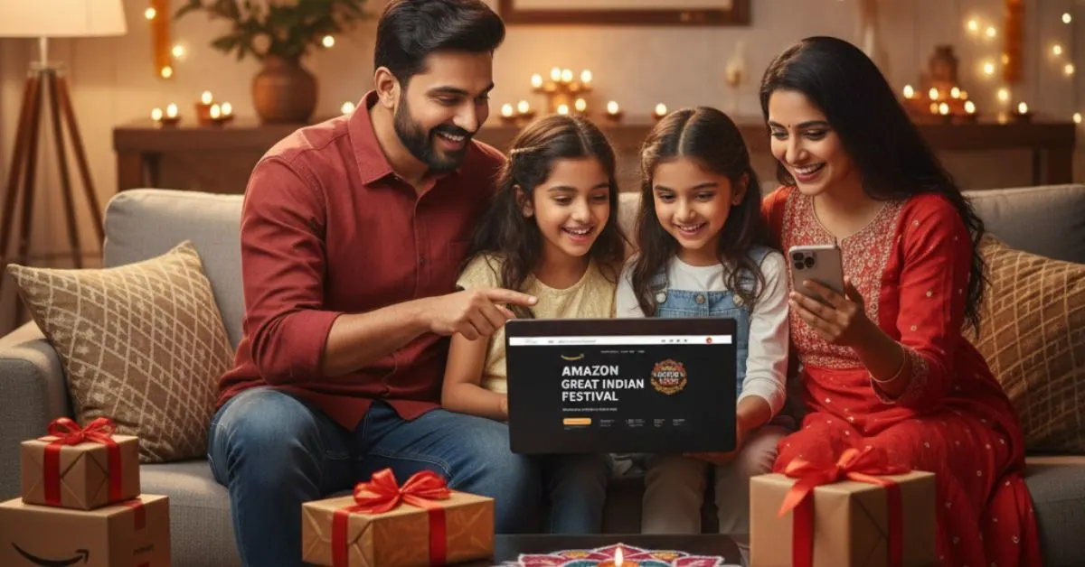 A realistic festive thumbnail showing an Indian family shopping online during Amazon Great Indian Festival 2025 with Diwali lights, gifts, and Amazon boxes.