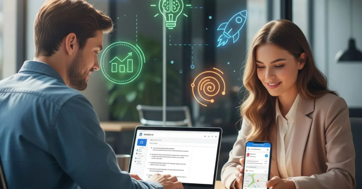 Realistic photo of professionals using AI tools like Notion AI, Grammarly, and Google Maps in daily life with digital icons in background.