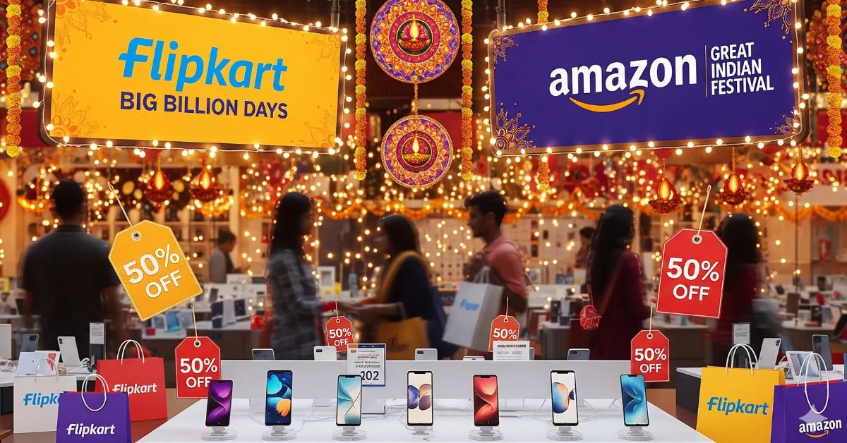 Flipkart Big Billion Days 2025 vs Amazon Great Indian Festival 2025 festive sale banner with shopping offers