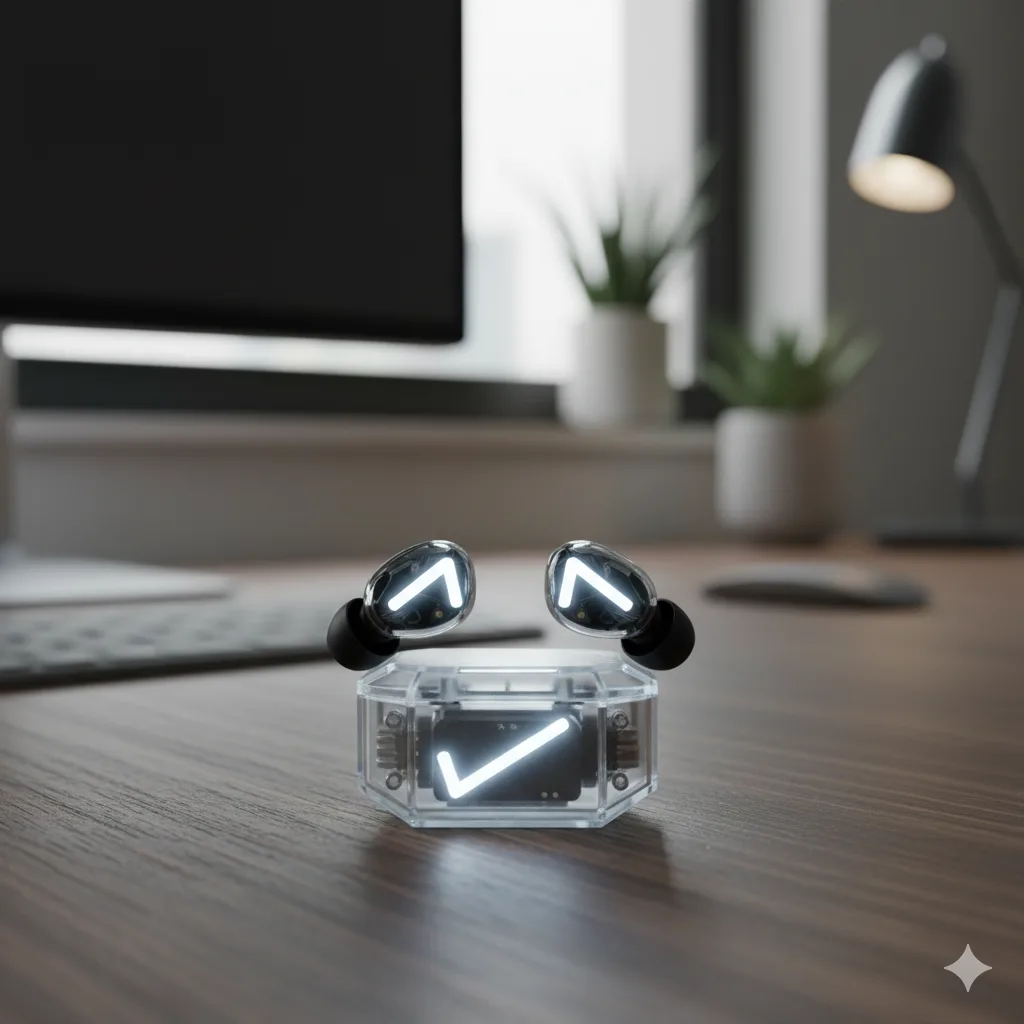 Transparent design of Nothing Ear 3 earbuds with case.