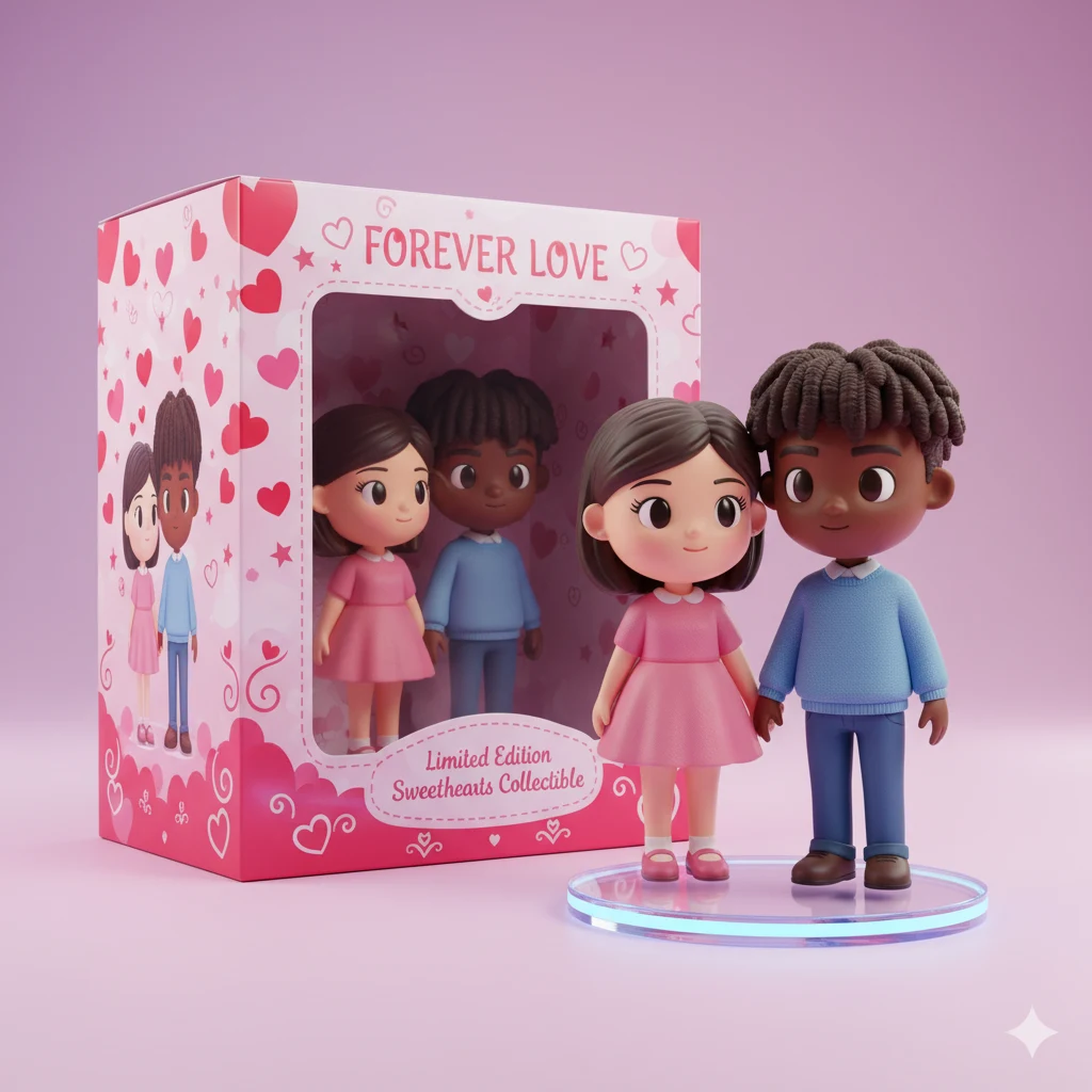 Nano Banana AI 3D Figurine of a couple in toy packaging style.
