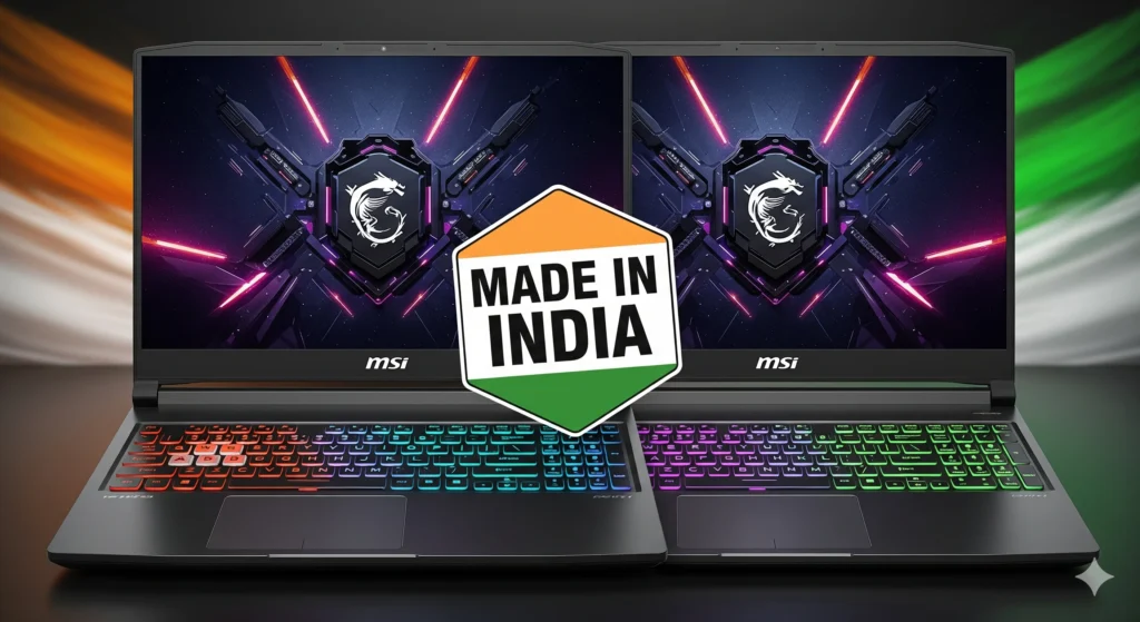 MSI Made in India Gaming Laptop with RGB keyboard and futuristic background.