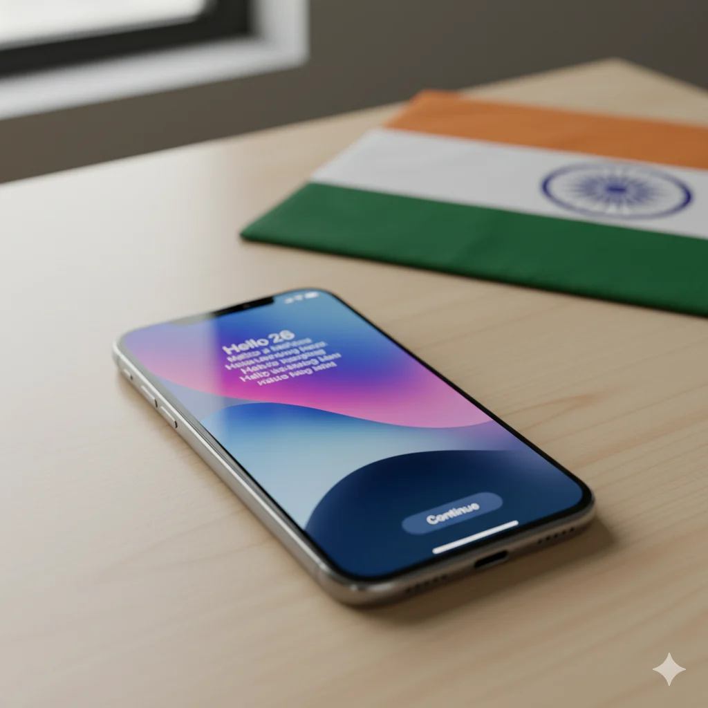 iPhone screen showing iOS 26 setup with Indian flag blurred in background representing iOS 26 release date and time in India.