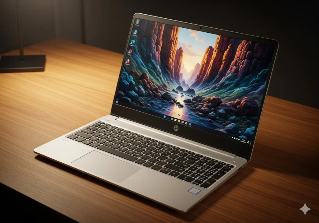 HP Laptop 15-fr0025TU open view on desk