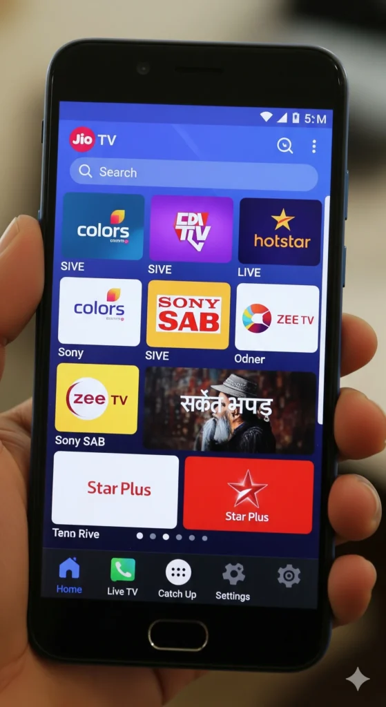 Jio TV app interface showing Hotstar access on smartphone