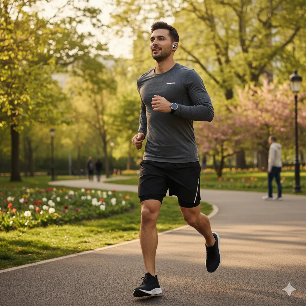 Man jogging while wearing Nothing Ear 3 earbuds.