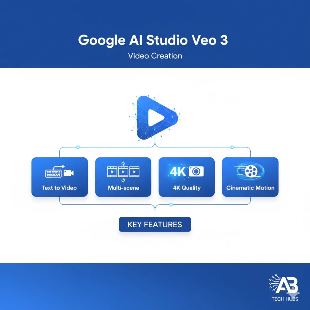 Google AI Studio Veo 3 ke key features ka infographic – text to video, multi-scene, 4K quality, cinematic motion