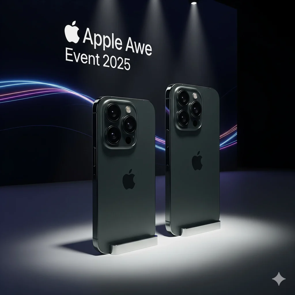 Apple iPhone 17 Pro and Pro Max displayed at Apple Awe Event 2025 highlighting advanced camera setup