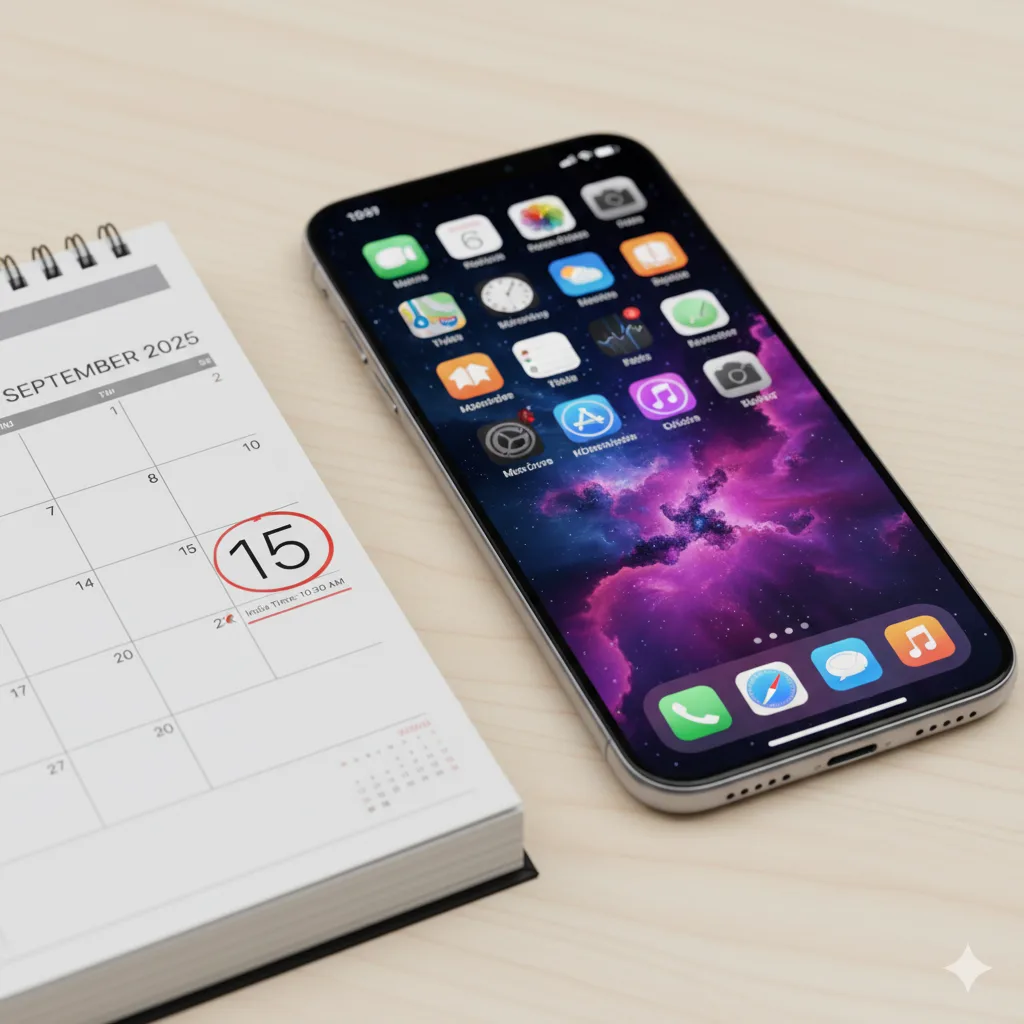 Close-up of iPhone 15 Pro displaying iOS 26 wallpaper next to a calendar marked 15 September 2025 highlighting release date in India.
