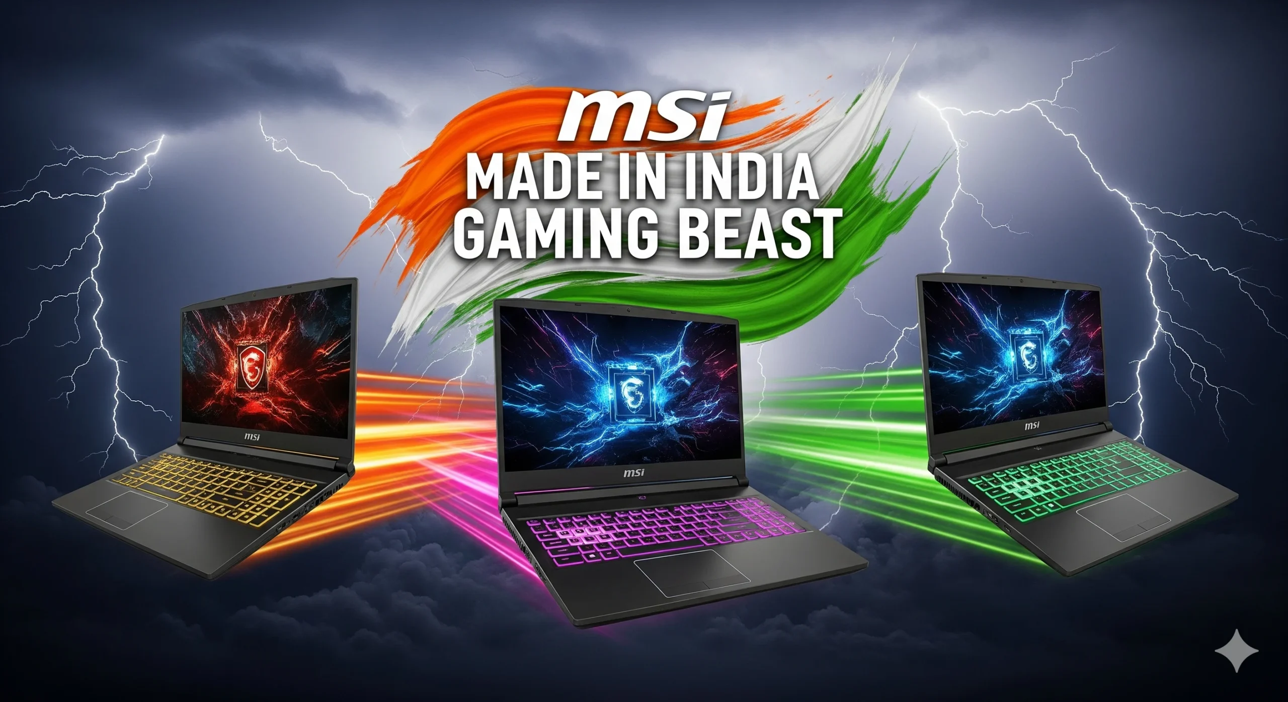 MSI Made in India Gaming Laptop glowing with RGB lights and Indian flag theme.