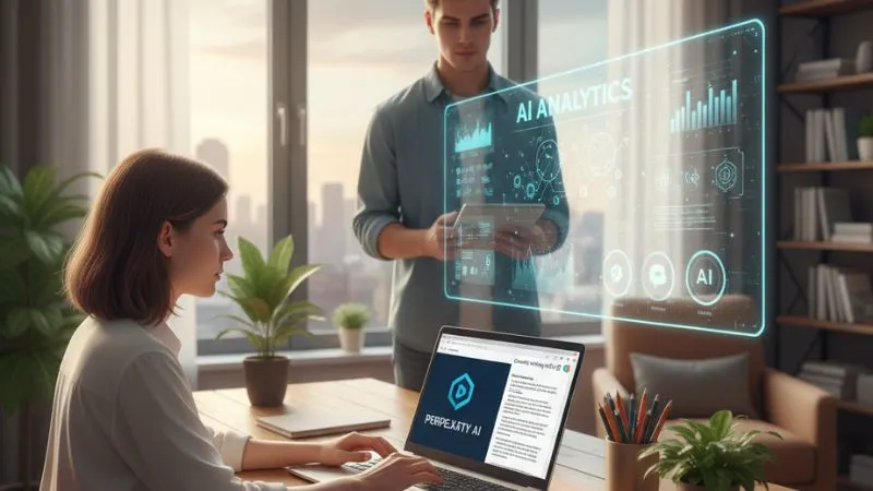 Blogger and student using AI tools, Perplexity AI for research and ChatGPT for creative writing, in a modern home office setup.
