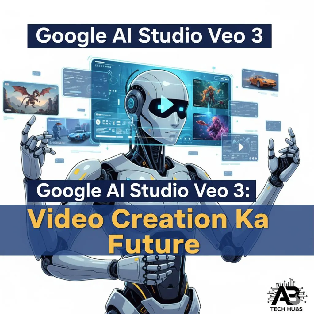 Google AI Studio Veo 3 ka illustration jisme AI robot cinematic video generate kar raha hai