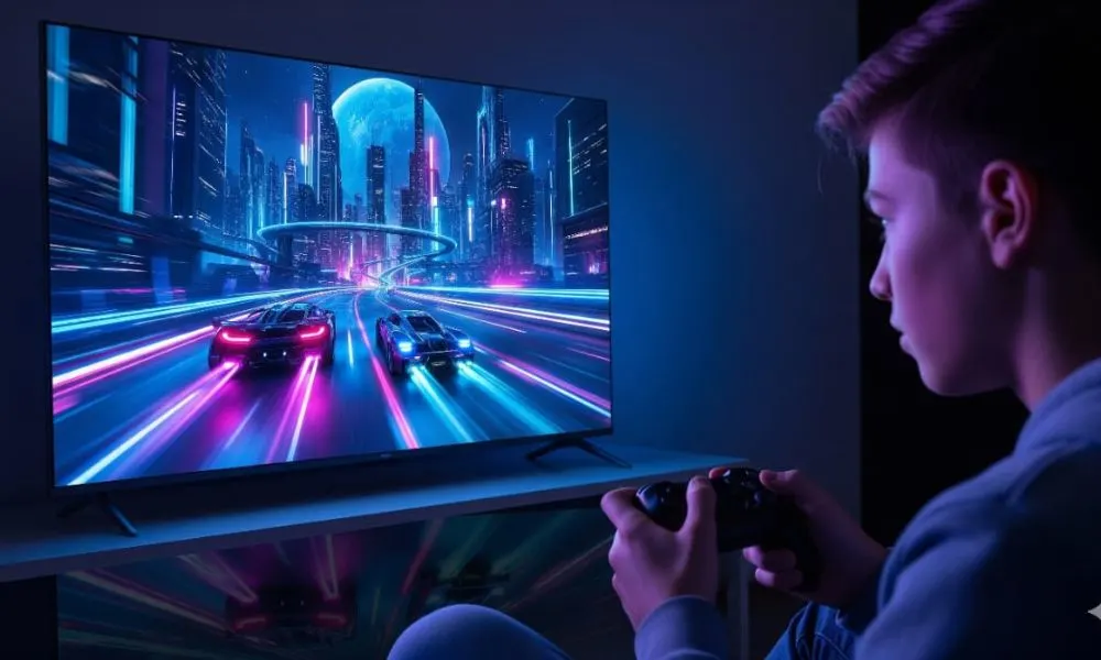 Teenager playing console games on KodakMatrix Smart TV with vibrant 4K display