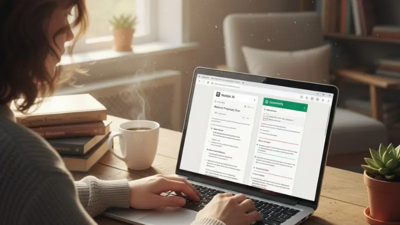 Student using Notion AI and Grammarly for daily productivity tasks on laptop in study room.
