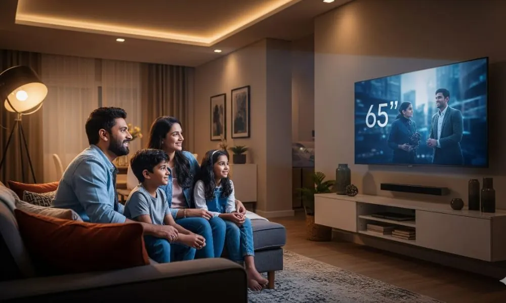 Indian family watching KodakMatrix 65 inch Smart TV in a cozy living room