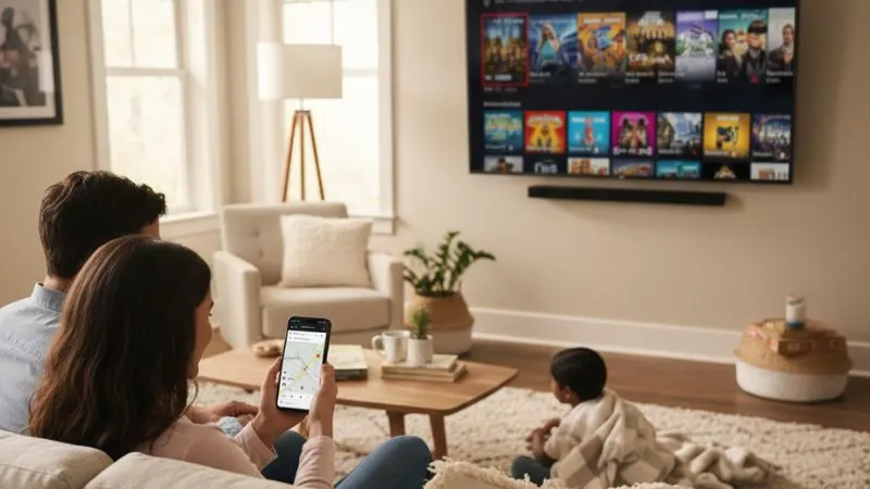 Family using AI tools like Google Maps for travel and Netflix AI for entertainment in daily life.