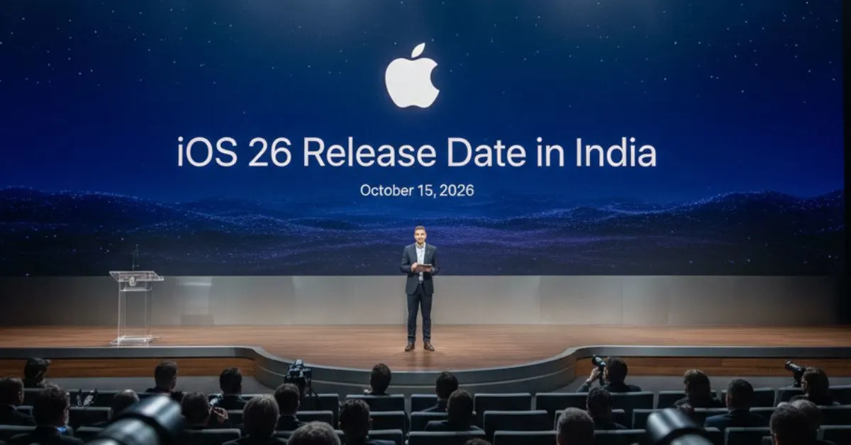 Apple iPhone event stage showing iOS 26 release date in India on a large screen with glowing Apple logo and audience in background.