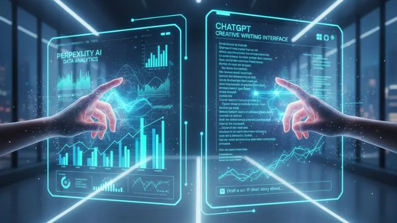 Futuristic concept of AI tools in 2025 with holographic screens showing Perplexity AI analytics and ChatGPT creative interface, human hands interacting.
