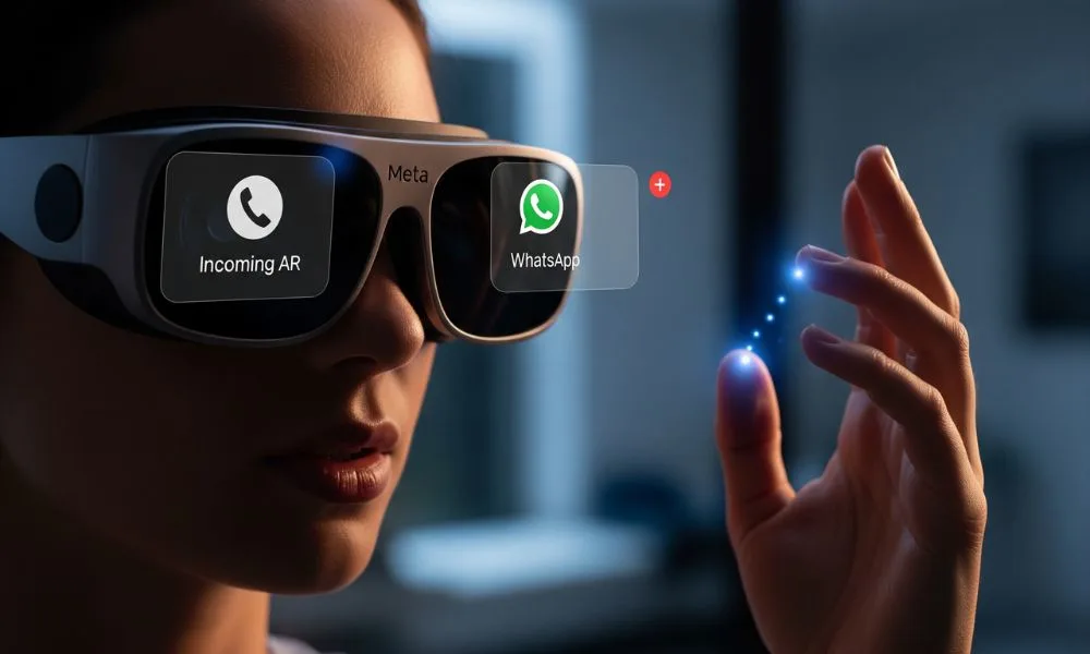 Meta AR Glasses showing WhatsApp notifications and gesture control