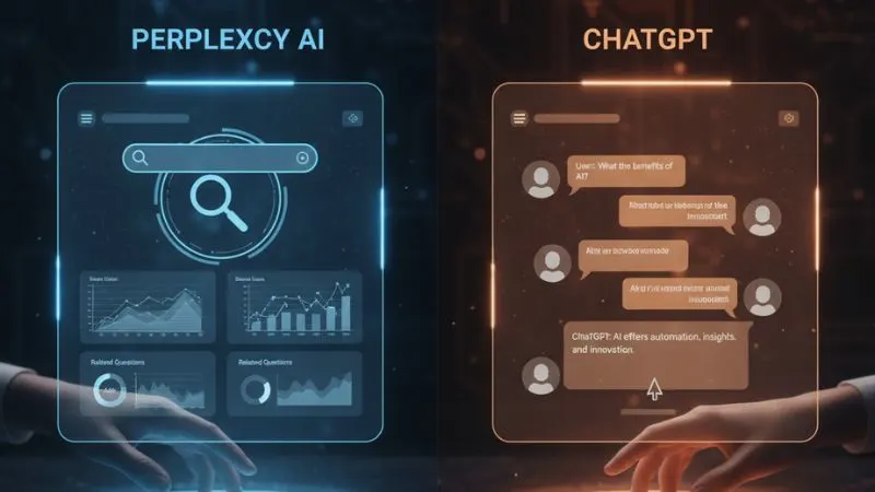 Comparison between Perplexity AI and ChatGPT with split-screen showing AI search and conversational AI features in holographic interface.
