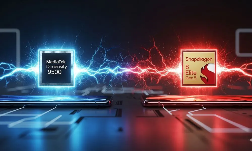 MediaTek Dimensity 9500 vs Snapdragon 8 Elite Gen 5 processor power battle futuristic concept