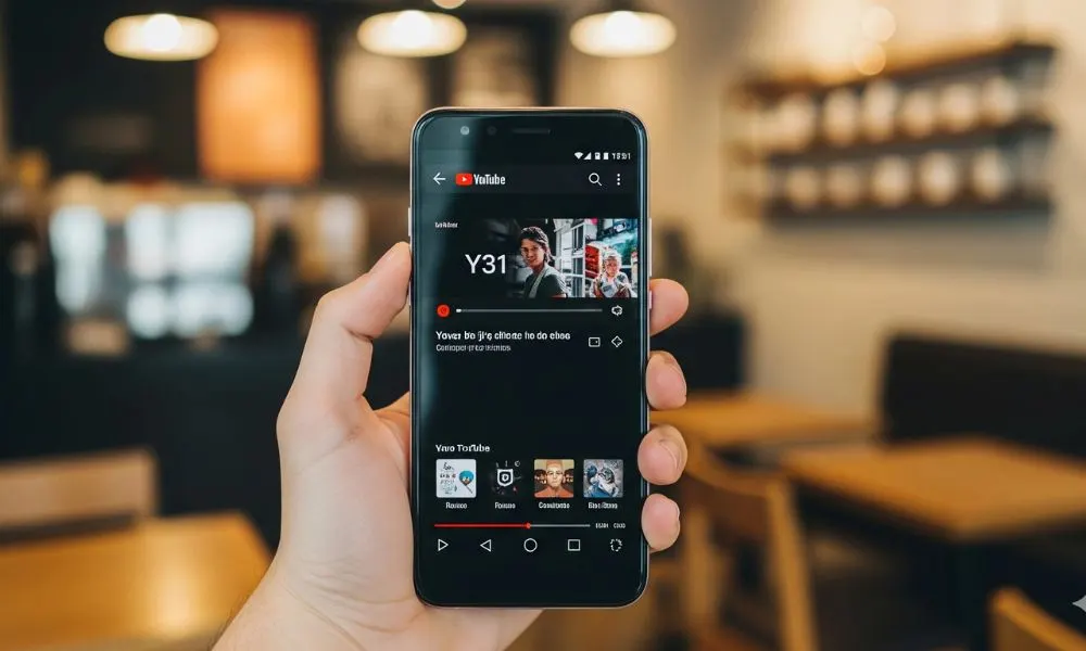 Hand holding Vivo Y31 with YouTube app open in cafe