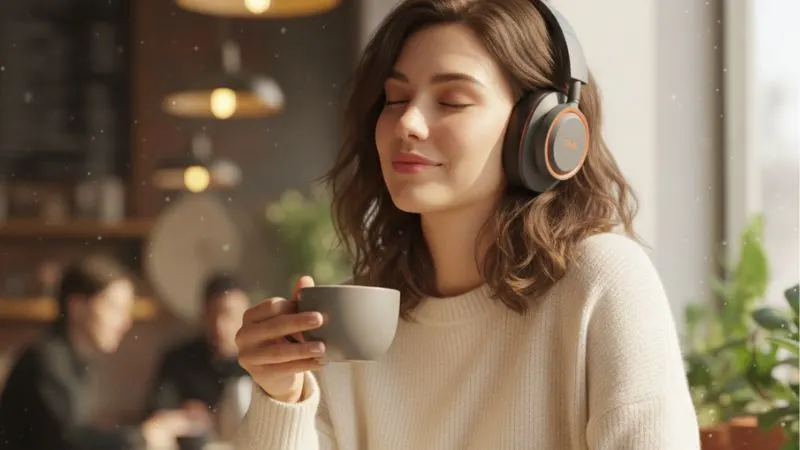 कैफ़े में म्यूज़िक सुनते हुए CMF Headphones Pro पहने व्यक्ति