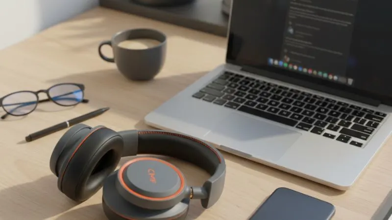 Laptop के साथ रखा हुआ foldable CMF Headphones Pro