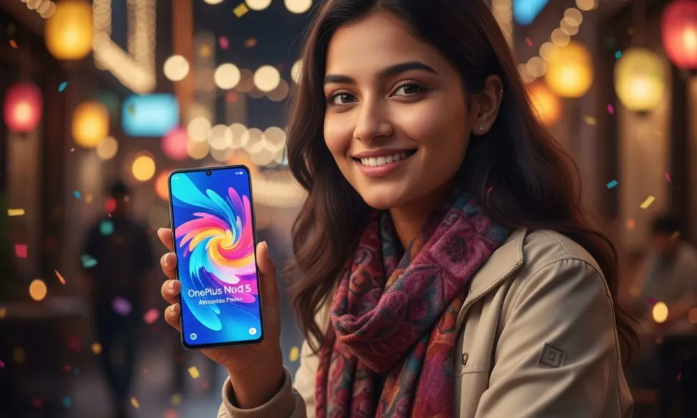 OnePlus Nord 5 in the hands of a student during Diwali, showing affordable and stylish design.