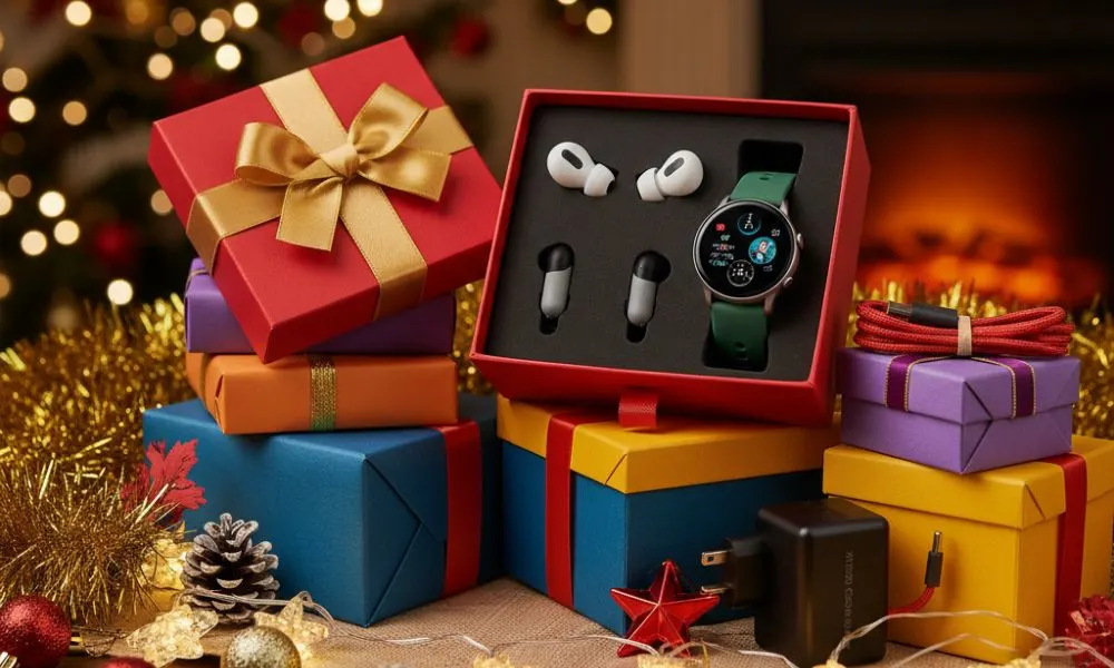 OnePlus accessories including Buds, Smartwatch, and charger arranged with Diwali gift decorations.